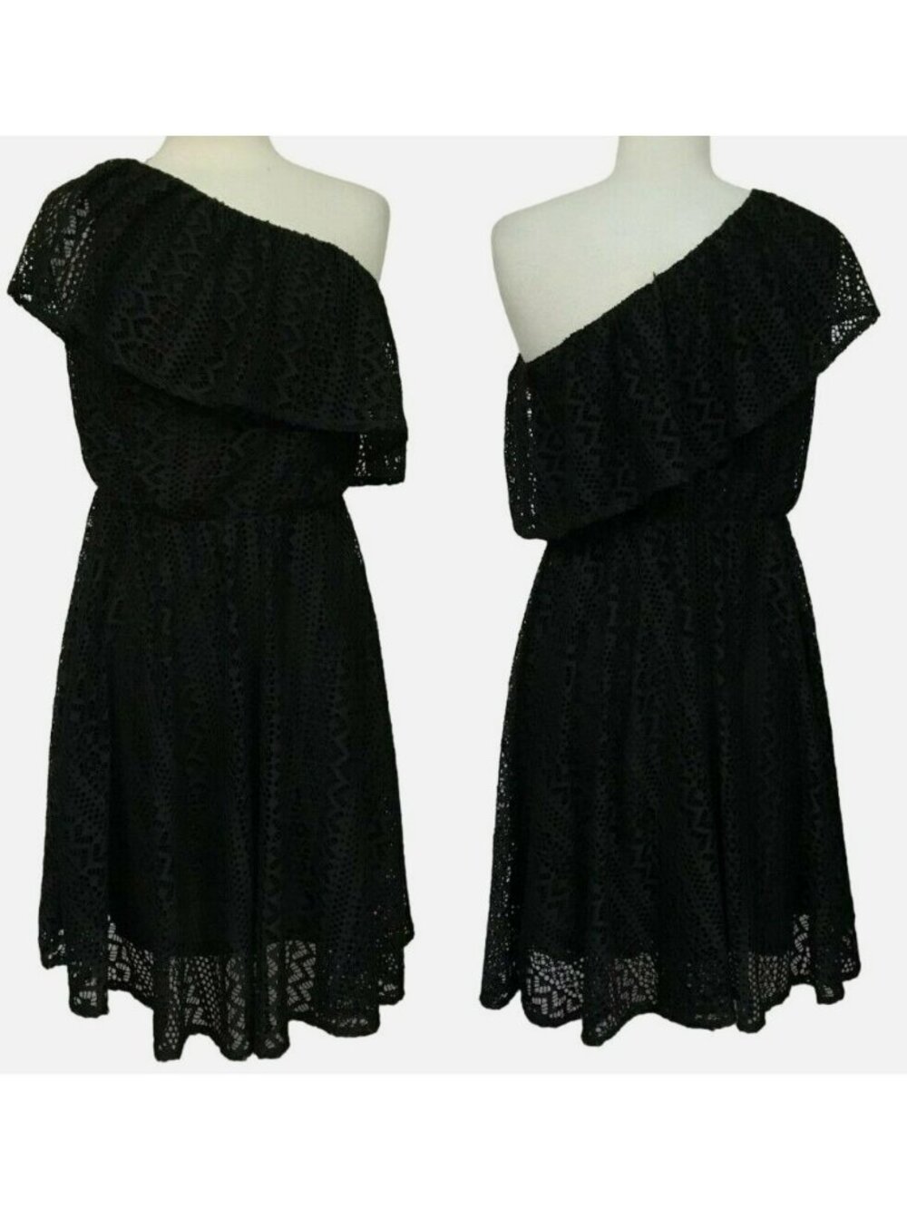 Molly Bracken Black Lace One Shoulder Dress Above Knee Lined Semi-Formal M NEW